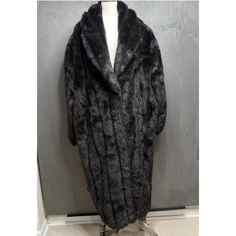 Vtg 90s Monterey Fashions Faux Mink Fur Coat Women 3X Black Full Length Mob Wife